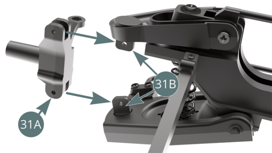 Position the left hub carrier (31A) between the two studs (31B) and secure with a WM screw at the top and an AEM screw at the bottom (shown opposite and below).