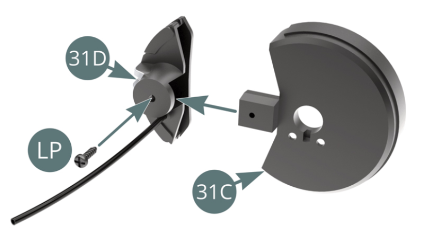 Position the dust cover (31C) on the brake caliper (31D) and secure with an LP screw. Place the dust cover (31C) on the left hub carrier (31A) and secure with two MM screws.