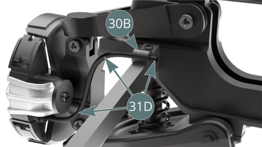 Pass the end of the brake hose (31D) through the stud (30B). Place the brake disc (31E) on the left hub carrier (31A) while engaging the dust cover (31C) and brake caliper (31D).