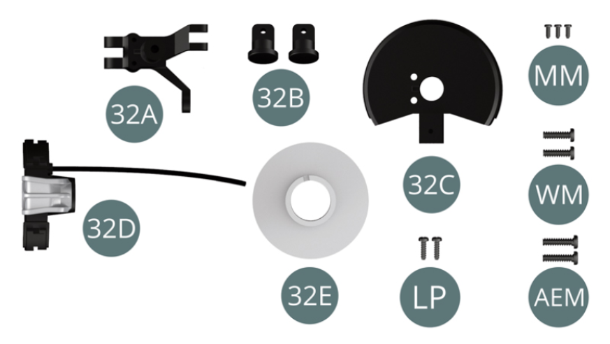 32A Hub carrier, right 32B Stud (x 2) 32C Dust cover 32D Brake caliper and hose 32E Brake disc Screw LP M 1.4 x 5 mm (x 2) Screw MM  M 1.2 x 3 mm (x 3) Screw WM M 2.0 x 7 mm  (x 2) Screw AEM M 2.0 x 8 mm (x 2)