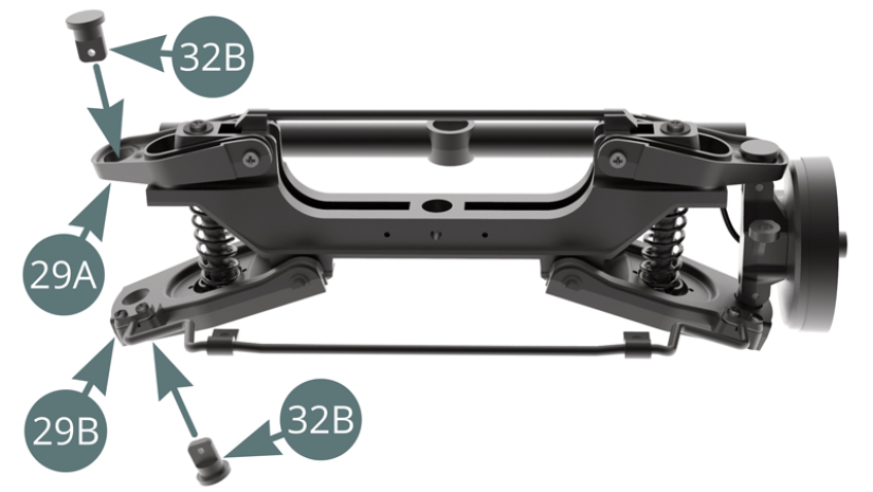 Place the studs (32B) into the upper right suspension arm (29A) and the lower right suspension arm (29B).