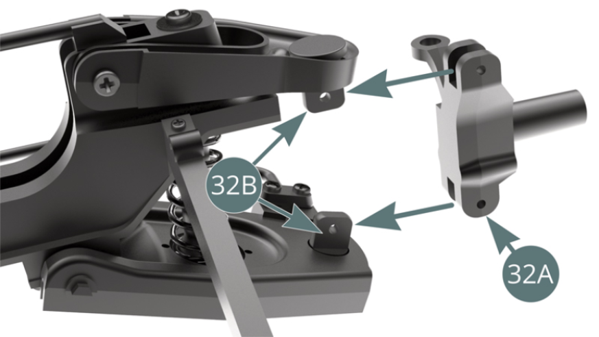 Position the left hub carrier (32A) between the two studs (32B) and secure with a WM screw at the top and an AEM screw at the bottom (shown opposite and below).