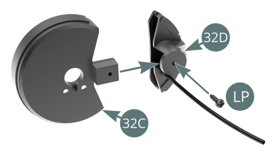 Positionner le cache-poussière 32C sur l’étrier de frein 32D et le fixer avec une vis LP.Positionner le cache-poussière 32C sur le porte-moyeu gauche 32A et le fixer avec deux vis MM.