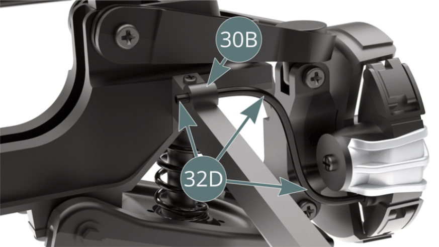 Pass the end of the brake hose (32D) through the stud (30B). Place the brake disc (32E) on the left hub carrier (32A) while engaging the dust cover (32C) and brake caliper (32D).