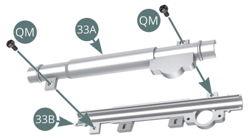 Position the rack half-columns (33A and 33B) on top of each other and attach them together with two QM screws. Place the rack column (33B) on the support (33C) and secure with two AM screws.