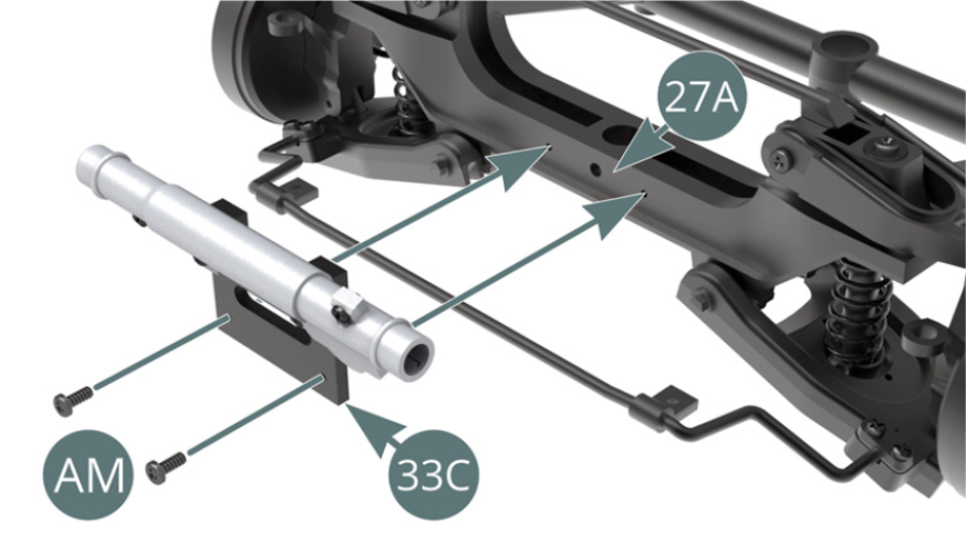 Position the support (33C) on the cross bar front frame (27A) and secure with two AM screws. Slide the steering rack (33D) into the rack column (33B), please take note of the direction of the rack teeth - red arrow.