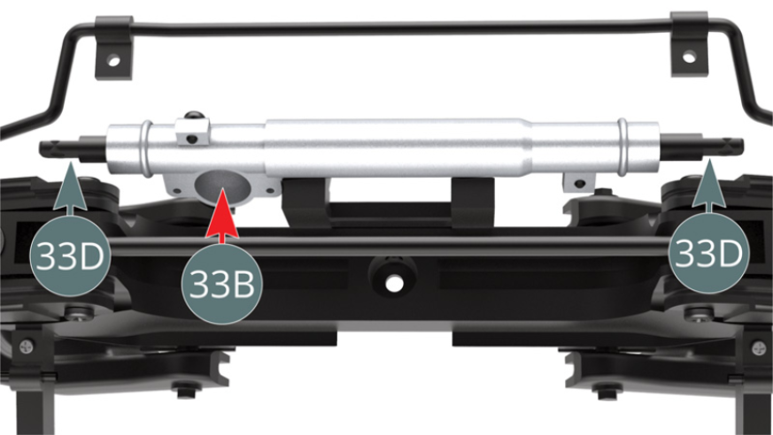 Centre the steering rack (33D) in the rack column (33B) and ensure that the teeth of the rack are visible through the opening in the column - red arrow.