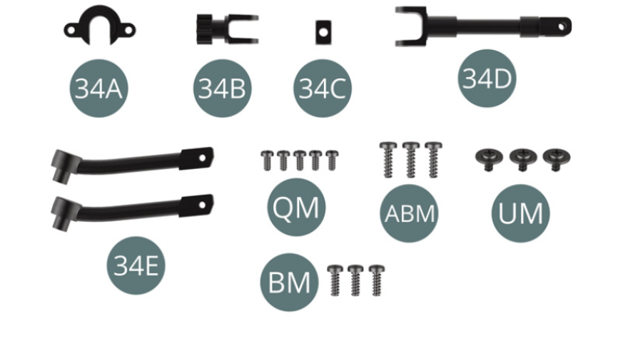 34A Flange 34B Steering pinion 34C Universal joint 34D Intermediate shaft 34E Steering tie rod (x 2) Screw QM M 1.4 x 3 mm (x 5) Screw ABM M 1.7 x 6 mm (x 3) Screw UM M 1.7 x 3 x 5.5 mm (x 3)Screw BM M 1.7 x 5 mm (x 3)