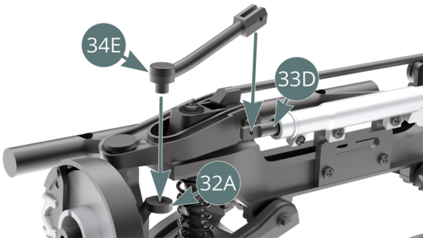 Place the steering tie rod (34E) on the steering rack (33D) and onto the right hub carrier (32A). Attach the steering tie rod (34E) to the steering rack (33D) with a BM screw and to the right hub carrier (32A) with a UM screw.