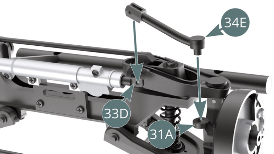 Place the steering tie rod (34E) on the steering rack (33D) and onto the left hub carrier (31A). Attach the steering tie rod (34E) to the steering rack (33D) with a BM screw and to the left hub carrier (31A) with a UM screw.