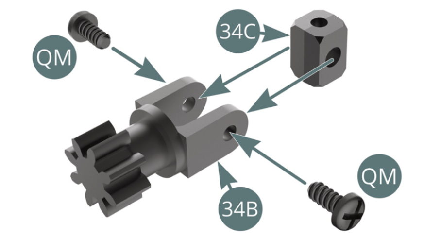 Positionner le joint universel 34C sur le pignon de direction 34B et le fixer avec deux vis QM.Positionner le joint universel 34C sur la fourchette de l’arbre intermédiaire 34D et le fixer avec deux vis QM.