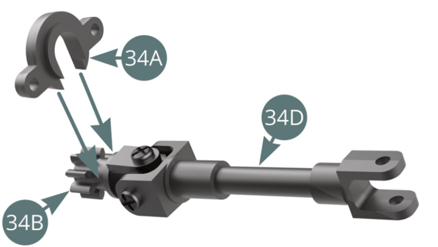 Place the flange (34A) above the steering pinion neck (34B). Align the left (31C) and right (32C) dust covers parallel and lengthwise - red arrows.