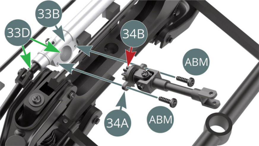 Position the steering pinion (34B) and flange (34A) onto the rack column (33B), insert the steering pinion (34B) onto the steering rack (33D) and secure with two ABM screws.