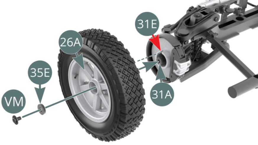 Position the previously assembled wheel onto the left hub carrier (31A) through the outer wheel rim (26A). Rotate it back and forth to engage the notch located on the brake disc (31E) - red arrow -, then secure it with a VM screw previously passed through the washer (35E). Position the hub cap (35D) on the outer wheel rim (26A).