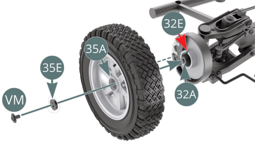 Instale a última roda montada no suporte do casquilho direito (32A) através da jante exterior (35A). Rode-a para trás e para a frente até encaixar na ranhura do disco de travão (32E) (seta vermelha) e fixe-a com um parafuso de cabeça cilíndrica através da anilha (35E). Monte a calota (35D) na jante exterior (35A).