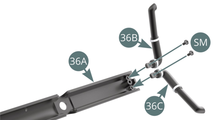 Position the left (36B) and right (36C) water pipes on the central chassis beam (36A) and fix them with two SM screws.