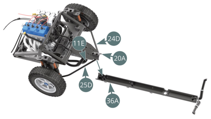 Now connect the chassis beam (36A) to the main frame (20A). In order to carry out this assembly step, carefully follow the three following illustrations (step 2 and step 3)