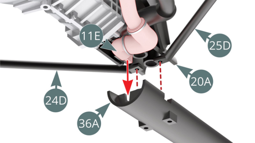 When attaching the central chassis beam (36A) to the main frame (20A), ensure that the tab at the end of the hose (11E) fits into the slot indicated by the red arrow - shown above. At the same time, the holes at the end of the support arms (24D & 25D) must fit in position over the nipples provided on the central chassis beam (36A) - red arrows in the illustration above right.