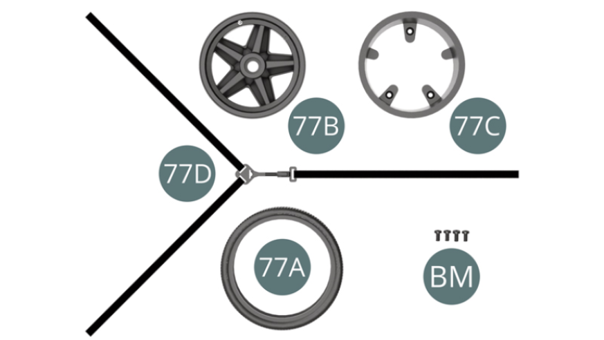 77A Pneu sobressalente 77B Rebordo exterior 77C Rebordo interior 77D Cinto de roda sobressalente Parafuso BM M 2,0 x 4 mm (x 4)