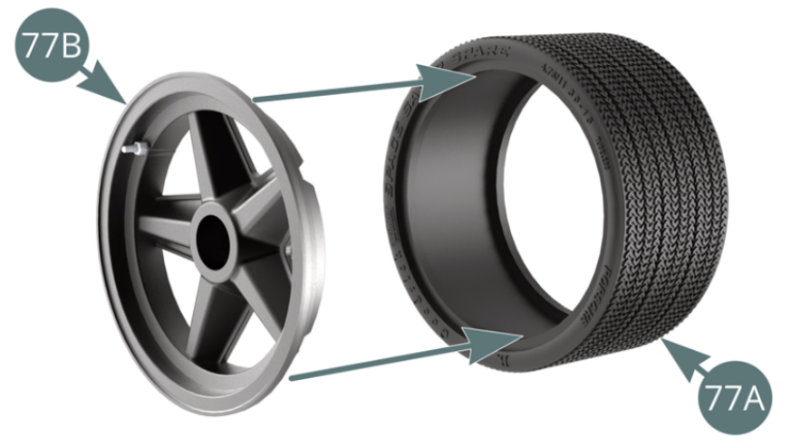 Posicionar o rebordo exterior (77B) sobre o pneu sobresselente (77A). Posicionar agora o rebordo interior (77C) sobre o pneu sobresselente (77A), alinhá-lo com o rebordo exterior (77B) e fixá-lo com três parafusos BM.