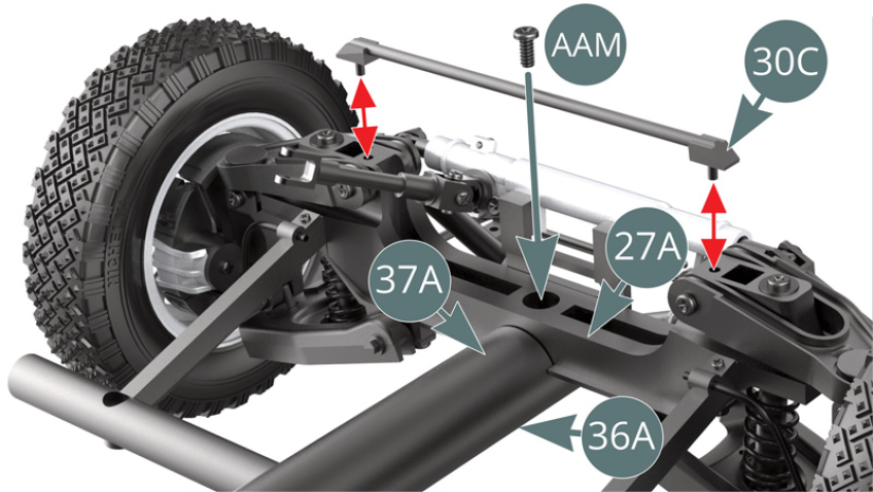 Retira la Barra superior (30C) -flechas rojas- y fija las secciones de la Viga central (36A y 37A) al Travesaño delantero del chasis (27A) utilizando un tornillo AAM. Vuelve a montar la Barra superior (30C). Un poco más hacia atrás, fija las secciones de la Viga central (36A y 37A) con un tornillo AAM.