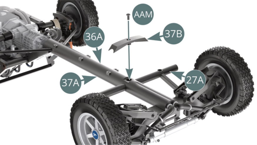 Vire o chassis e monte a placa de reforço (37B) na barra central (36A) e, em seguida, fixe-a à barra central (37A) com um parafuso AAM.