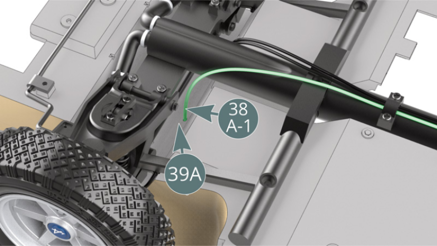 Collegare il tubo del liquido dei freni (38A-1) al foro previsto sul lato destro del piano del telaio (39A). Controllare la corretta posizione dei tubi dall'altro lato del telaio, come mostrato nell'illustrazione precedente.