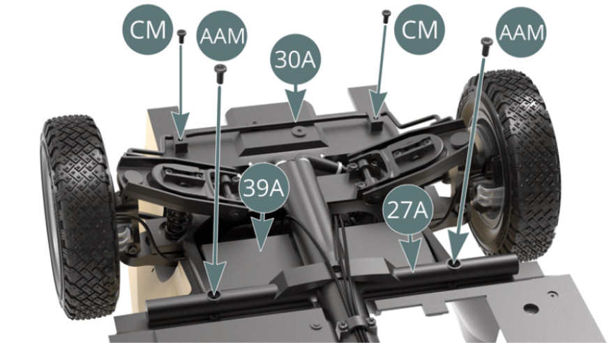 Fixe a barra estabilizadora (30A) e o membro da cruz dianteira do chassis (27A) ao chão do chassis (39A), utilizando dois parafusos CM e dois parafusos AAM, respetivamente. Fixe a moldura principal (20A) ao chão do chassis (39A) na parte inferior traseira do chassis, utilizando dois parafusos AAM.