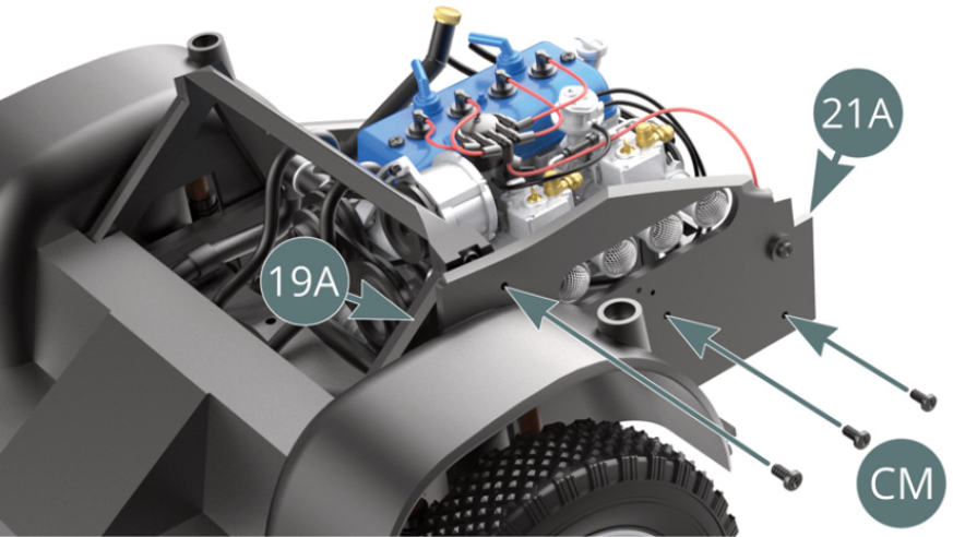 Fixer le panneau gauche du compartiment moteur 21A sur le cadre gauche 19A avec trois vis CM.