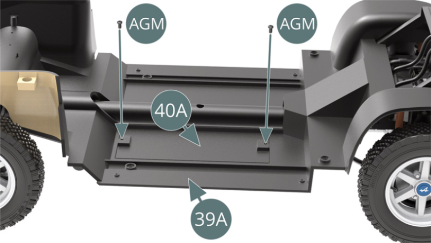 Fixe o painel de chão (40A) ao chão do chassis (39A) através de dois parafusos AGM.