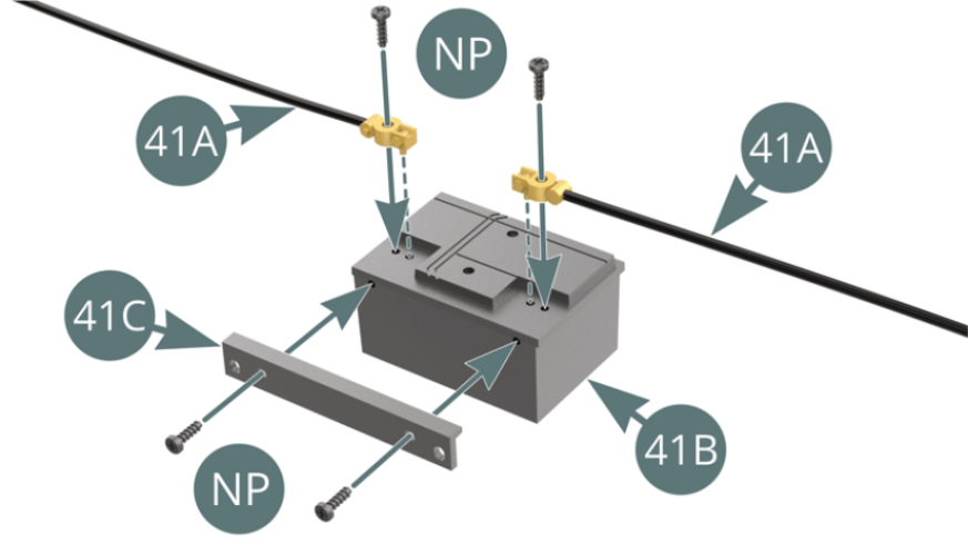 Place the two voltage cables (41A) with their terminal on the batterie and secure these with two NP screws. Place the retaining tabs (41C) on the battery and secure with two NP screws.Place the batterie (41B) on the front plate of the chassis floor (39A) and fix it from below with two AP screws.