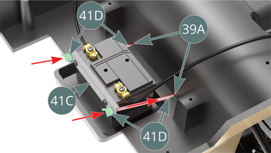 Pass the two fixing rods (41D) across the retaining tabs (41C) and then into the holes provided in the chassis floor (39A).  Engage the ends of the two high voltage cables (41A) into the holes provided in the chassis floor (39A).