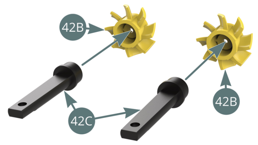 Posiciona los dos Ventiladores de radiador (42B) en los dos Ejes de ventilador del radiador (42C). Fija los dos Ventiladores de radiador (42B) en los dos Ejes de ventilador de radiador (42C) con dos tornillos NP.