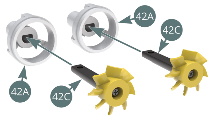 Position the two radiator cooling axes (42C) into the two radiator housings (42A).