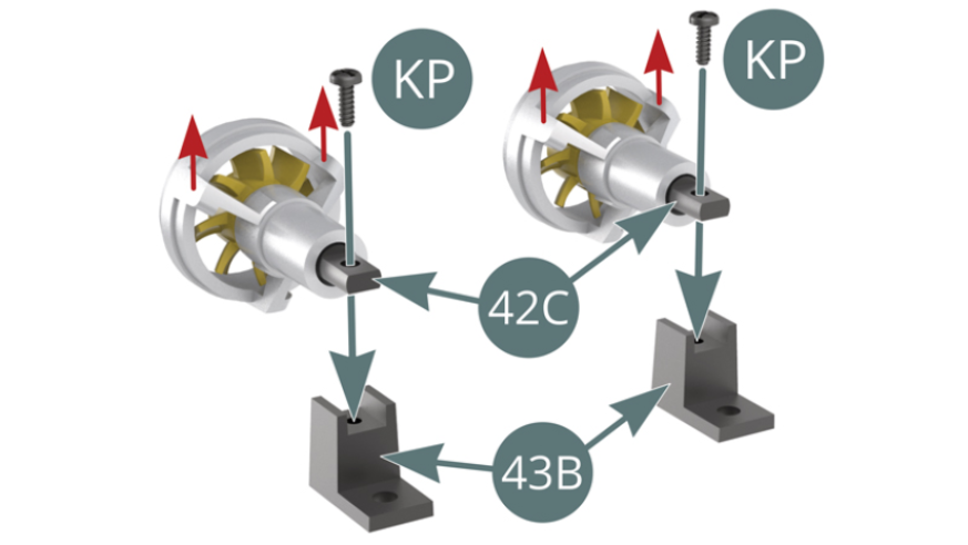 Place the radiator cooling axes (42C) onto the supports (43B) and fix these with two KP screws (make sure that these two radiator housings are assembled in the right direction – as indicated by the red arrows). Place the two supports (43B) onto the ventilation duct (43A) and secure with two ACP screws).