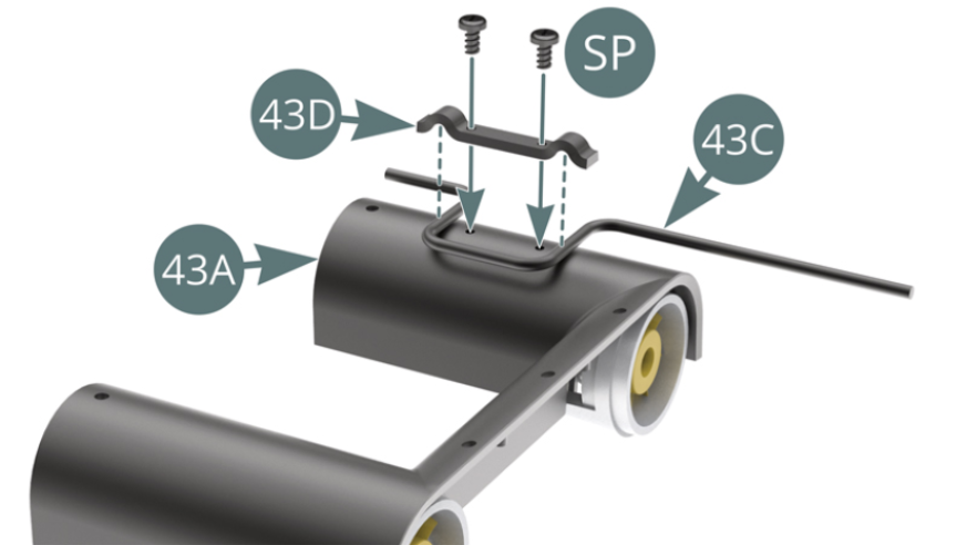 Installare la maniglia del martinetto (43C) sul condotto di ventilazione (43A) utilizzando il morsetto (43D) e fissarlo con due viti SP.