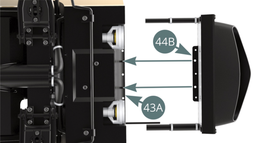 Place the radiator frame (44B) onto the pins of the ventilation duct (43A) and fix these from above with three KP screws (see opposite and below).