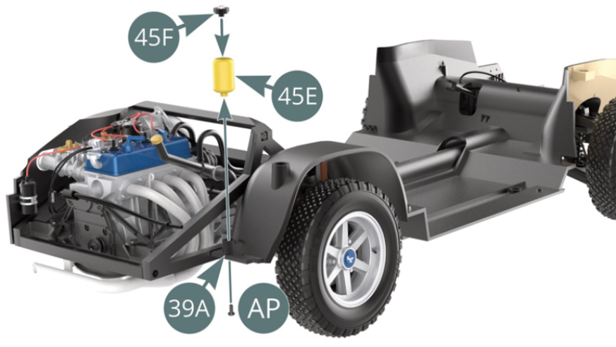 Place the cap (45F) on the expansion tank (45E). Position the expansion tank (45E) on the floor of the chassis (39A) and secure it from below using an AP screw (see illustrations opposite and below).