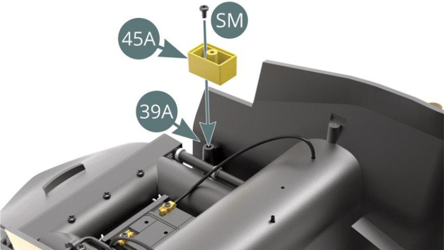 Positionner la base du réservoir de liquide lave-glace 45A sur le rebord du plancher du châssis 39A et la fixer avec une vis SM. Positionner le dessus du réservoir de liquide lave-glace 45B sur la base du réservoir 45A et le fixer avec une vis KP. 