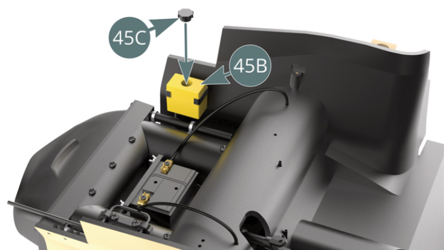 Position the cap (45C) on top of the windscreen washer fluid tank (45B). Position the two fuse boxes (45D) on the edge of the chassis floor (39A) and secure each with a QM screw.