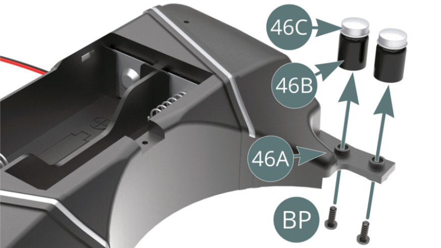 Position the two brake fluid tanks (46B) on the mounting supports located on the fuel tank (46A) and secure them from below using two BP screws.