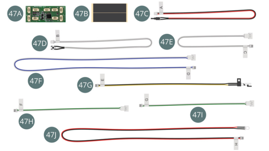 47A Leiterplatte 47B Klebeband (2 Stück) 47C Schaltkabel A (rot - schwarz) 47D Schaltkabel B (grau - weiß) 47E Kabel C (grau - weiß) 47F Kabel D (blau - weiß) 47G Schaltkabel E (gelb - schwarz) 47H Kabel F (grün - weiß) 47I Kabel G (grün - weiß) 47J LED-Kabel H (rot - schwarz)