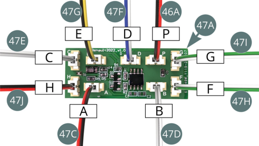 Connect (clockwise) the following cables in their respective slots indicated by a marking of the corresponding letter on the PCB: cable A from switch (47C), cable H from LED (47J), cable C (47E), cable E from switch (47G), cable D (47F), cable P from tank (46A), cable G (47I), cable F (47H) and cable B from switch (47D) - illustrations opposite and below.