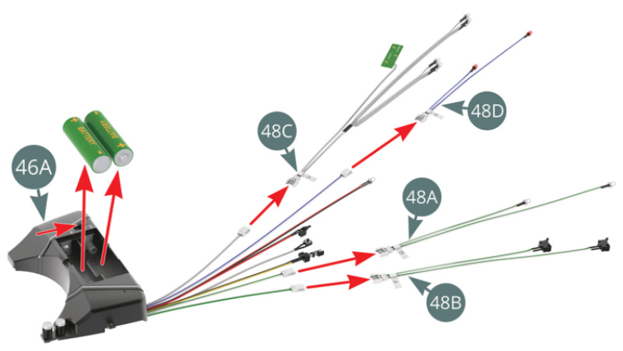 Pousser l’interrupteur du compartiment à piles 46A sur OFF et retirer les deux piles type AA de leur  logement pour une utilisation ultérieure.Déconnecter le câble C de LEDs 48C, le câble D de LEDs 48D, le câble G de LEDs 48A, et le câble F d’interrupteurs de portière 48B.