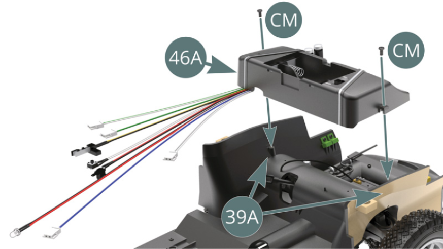 Place the fuel tank (46A) on the chassis floor (39A) and secure it with two CM screws (shown above).