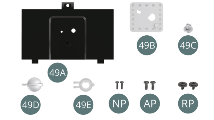 49A Tapa de batería 49B Placa soporte 49C Indicador de combustible 49D Tapón del depósito 49E Boca de llenado Tornillo NP M 1,2 x 4 mm (x 2) Tornillo AP M 1,7 x 4 mm (x 2) Tornillo RP M 1,7 x 3 x 5,5 mm (x 2) 