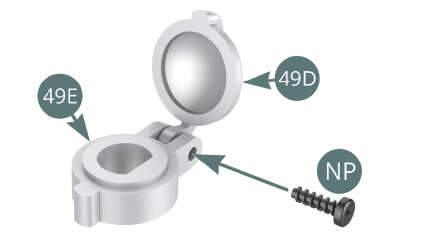 Position the tank cap (49D) on the filler neck (49E) and secure it with an NP screw. Position the fuel gauge (49C) on the support plate (49B), then position the latter on the battery cover (49A).