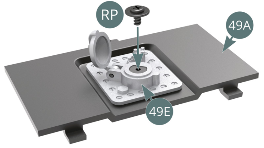 Secure the filler neck (49E) to the battery cover (49A) with a RP screw. 