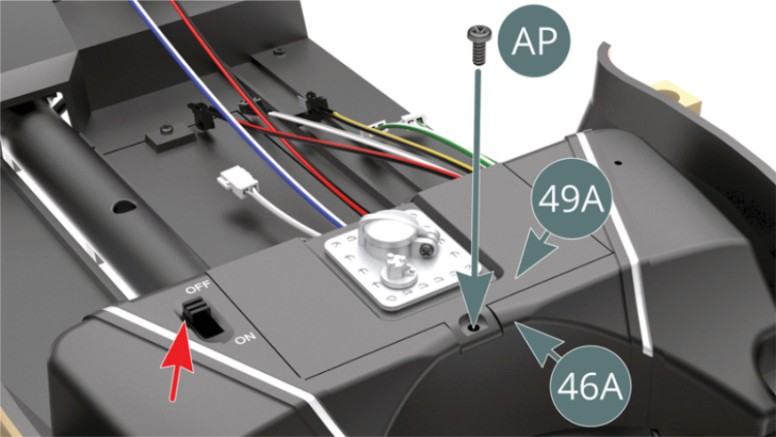 Secure the battery cover (49A) to the fuel tank (46A) with an AP screw, be careful not to overtighten as not to damage the threading.