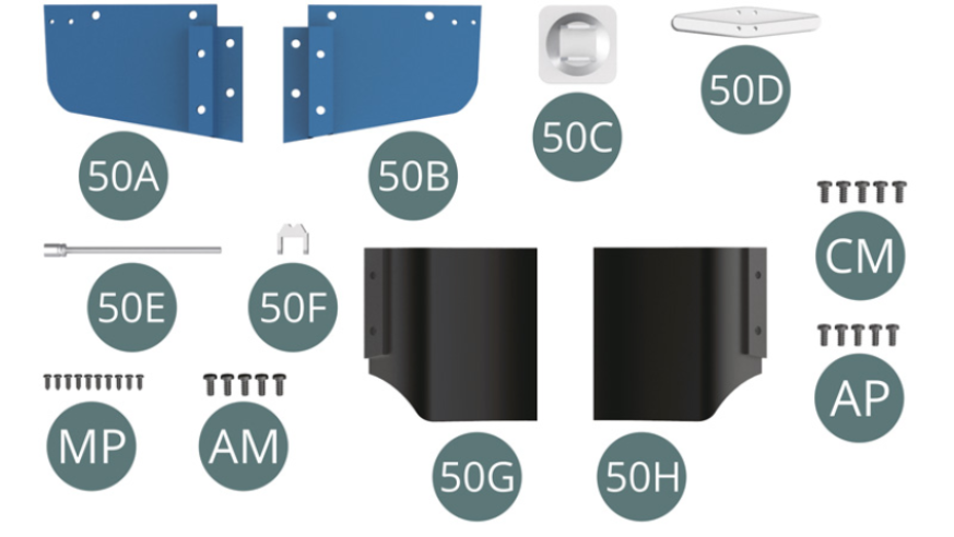 50A Panel trasero izquierdo 50B Panel trasero derecho 50C Base de gato 50D Palanca de gato 50E Pivote de gato 50F Soporte de gato 50G Guardabarros izquierdo 50H Guardabarros derecho Tornillo MP M 1,2 x 3 mm (x 10) Tornillo AM M 1,7 x 4 mm (x 5) Tornillo CM M 2,0 x 4 mm (x 5) Tornillo AP M 1,7 x 4 mm (x 5) 